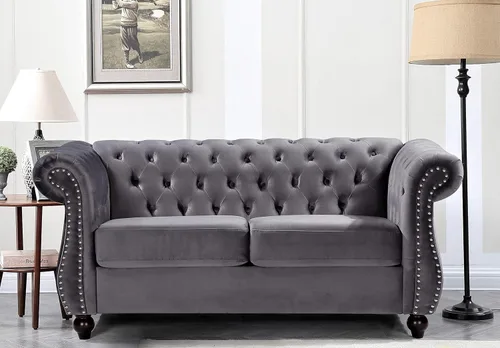 Vista 6 de Container Furniture Direct Feinstein - Sofá de terciopelo moderno Chesterfield para sala de estar con cabezas de clavos, acolchado de diamante
