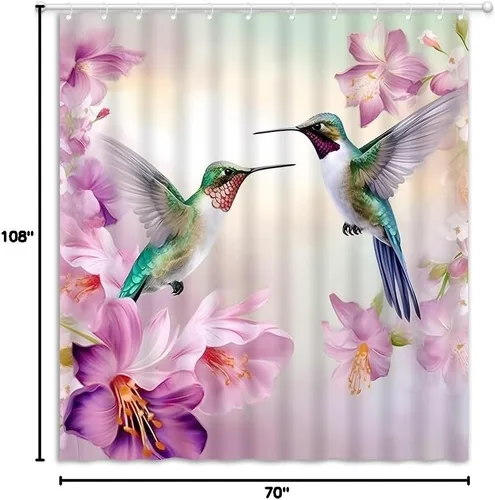 Vista 7 de Cortina de ducha floral de colibrí, acuarela, rosa, morado, jardín, naturaleza, paisaje, baño, decoración, juego de cortinas con ganchos