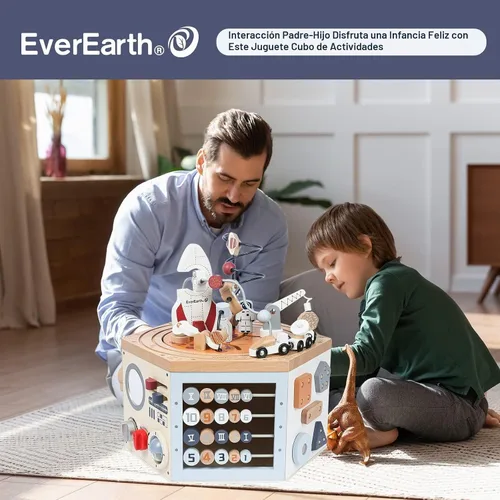 Vista 6 de EverEarth Cubo de actividades de madera con laberinto de cuentas, cubo de actividades espaciales para niños de 1 a 3 años, multijuego, aprendizaje