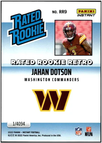 Vista 2 de JAHAN DOTSON RC 2022 Panini Instant Rated ROOKIE Retro #RR9 Commanders NM+-MT+ NFL Football