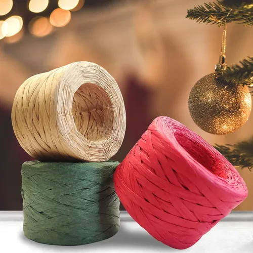 Vista 3 de 3 Rollos de Cinta de Rafia Roja y Verde Kraft de 1/4" por 150 Metros, 50 Metros Cada Rollo, Cordel de Papel de Embalaje para Navidad