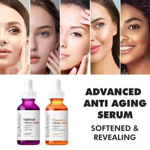 Vista 2 de Paquete de 2 sueros faciales, suero de retinol con vitamina C antienvejecimiento para cara con retinol y aminoácidos, aumenta el colágeno
