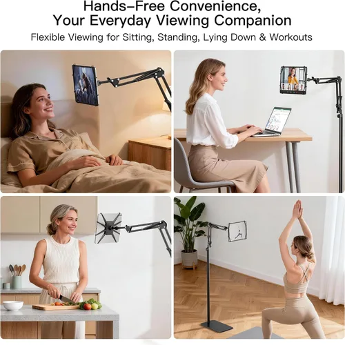 Vista 8 de Soporte de piso para tableta con base de metal, soporte para tableta para cama, iPad y Kindle Overhead Bed Tablet Stand, Angle & Height