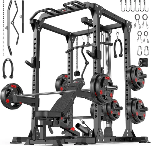 Vista 22 de Power Cage - Rack de Potencia Multifunción con Sistema de Cruce de Cables, Rack para Sentadillas de Capacidad de 1800 LBS con Banco de Pesas