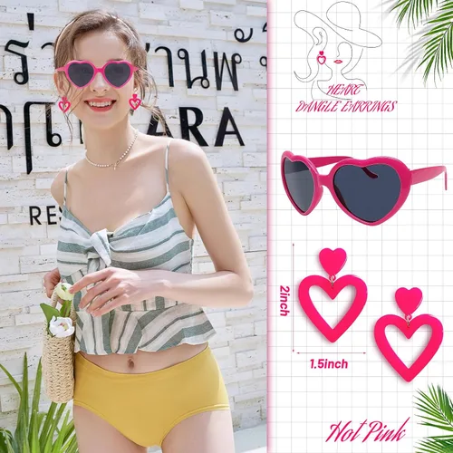 Vista 3 de Aretes colgantes de doble corazón para mujer y lentes de sol en forma de corazón, accesorios elegantes para fanáticos de la joyería