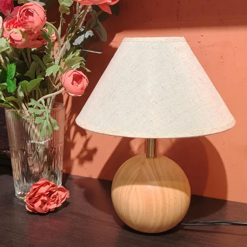Vista 8 de lámpara de mesa de madera para recámara, lámpara de escritorio pequeña con pantalla de tela de lino para sala de estar, lámparas de ambiente
