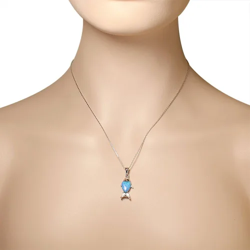 Vista 3 de My Daily Styles Collar con colgante de ópalo simulado marino de plata de ley 925 con circonita cúbica azul turquesa, Circonia cúbica Ópalo