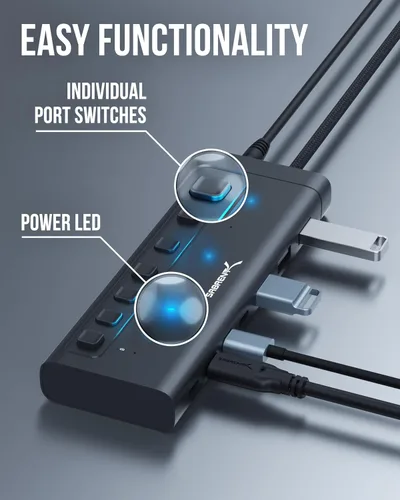 Vista 2 de SABRENT Hub USB-C de 7 puertos con interruptores de alimentación, USB 3.2 de 5 Gbps, concentrador alimentado de 48 W con 3 puertos USB-A + 4 puertos