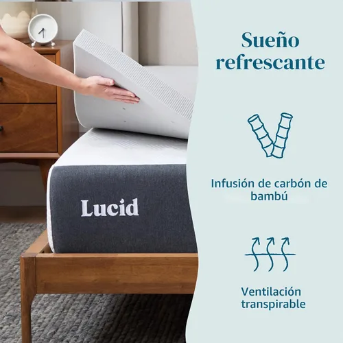 Vista 2 de Lucid Cubrecolchón de espuma viscoelástica con infusión de carbón de bambú de 2 pulgadas - Tamaño Twin - Control de humedad y olor - Ventilado