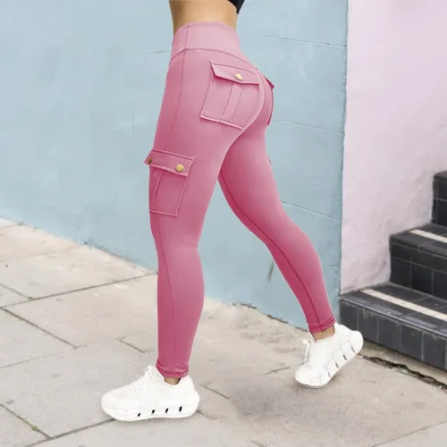Vista 7 de Leggings cargo para mujer con bolsillos con solapa, talla grande, pantalones de yoga de cintura alta, leggings de entrenamiento con levantamiento