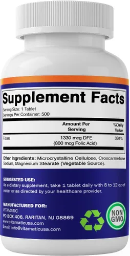 Vista 8 de Vitamatic Ácido fólico 800 mcg - 500 Tabletas Vegetarianas - Vitamina B9