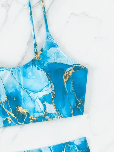 Vista 6 de MakeMeChic Traje de baño de 2 piezas con estampado de todo el mundo para mujer, conjunto de bikini de cintura alta