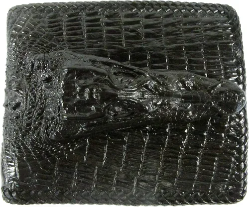 Vista 2 de Pelgio Cartera de cocodrilo genuino con piel de cabeza plegable hecha a mano Negro