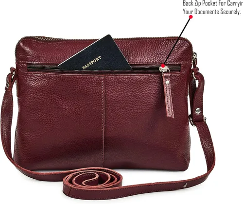 Vista 4 de Bolso cruzados pequeño y cartera de cuero auténtico granulado suave, bolso de hombro cruzado tipo bandolera de calidad prémium y triple cremallera