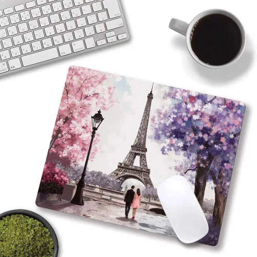 Vista 3 de IBILIU Alfombrilla para mouse de la Torre Eiffel, pintura al óleo, acuarela, París, flores rosas, árboles, rectangular, base de goma antideslizante