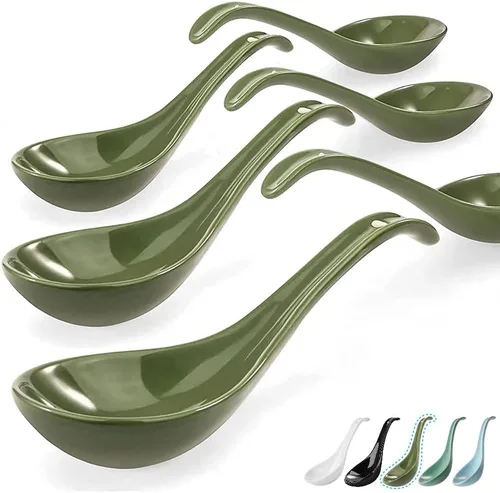 Vista 8 de Artena Juego de 6 cucharas de sopa asiática de 6.75 pulgadas, cuchara de sopa japonesa de porcelana ultrafina, cucharas de ramen negras para fideos