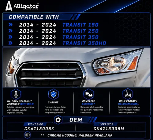 Vista 2 de ALLIGATOR AUTO LIGHTS Conjunto de faros delanteros compatible con Ford Transit 2014-2024 150 250 350, faros halógenos conformes a DOT/SAE