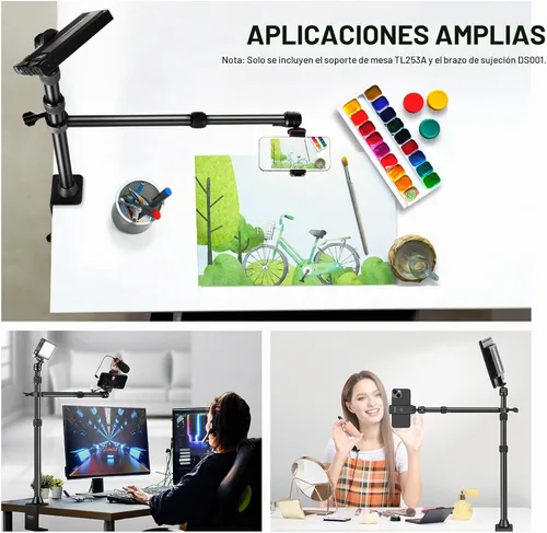 Vista 4 de NEEWER TL253A+DS001 Trípode de cámara de mesa con 2 brazos telescópicos, soporte para teléfono, cabezas esféricas, adaptador de tornillo, soporte