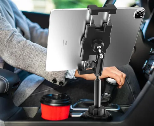 Vista 4 de Soporte para portavasos de automóvil resistente [rotación de 360° sin sacudidas] Soporte para iPad con brazo de metal para tableta y teléfono, iPad