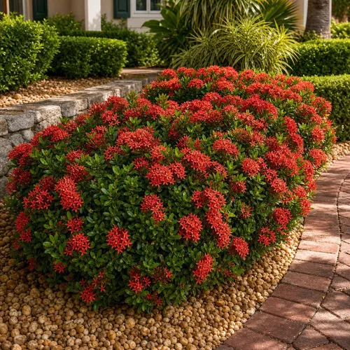 Vista 2 de Ixora Enano Rojo 3 Plantas Vivas Ixora Coccinea Arbusto Floreciente para Jardín Plantas Decorativas Tropicales