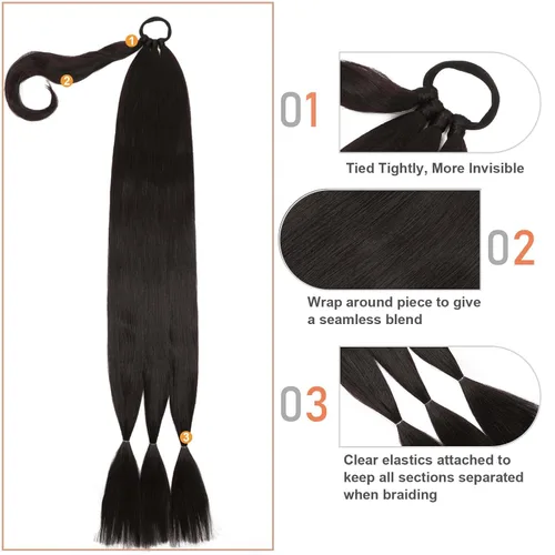 Vista 2 de Extensiones de cola de caballo trenzada de 20 pulgadas de largo para mujer, extensiones de cabello lacio envolvente con banda para el cabello, cola