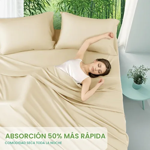 Vista 7 de SONORO KATE Sábanas 100% viscosa derivada de bambú tamaño matrimonial, sábanas ultra transpirables y refrescantes para personas que duermen con Beige
