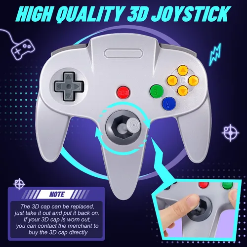 Vista 4 de Controlador N64 con cable clásico Gamepad Joystick para consola N64 (paquete de 2 gris)