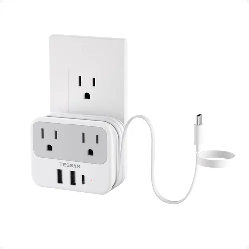 Vista 7 de Divisor de enchufe de pared múltiple, extensor de protector de sobretensión TESSAN de 4 salidas con 3 bloques de carga USB (2 USB C), expansor