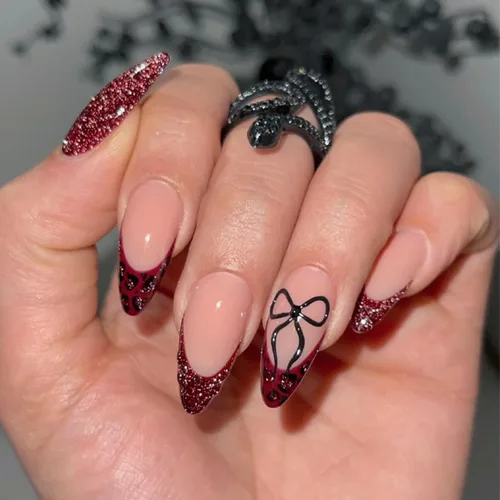 Vista 37 de NBNTGH Uñas postizas a presión de punta francesa blanca, uñas postizas de línea dorada, uñas postizas medianas con diseño de almendra, uñas postizas