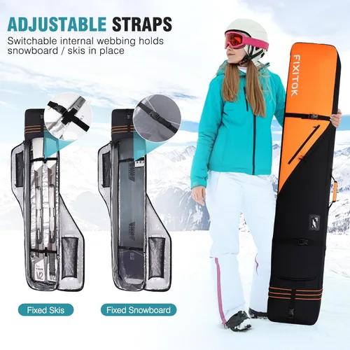 Vista 4 de FIXITOK Bolsa de snowboard y esquí para viajes aéreos, bolsa de snowboard acolchada completa impermeable que se ajusta a tabla, botas, ropa, casco