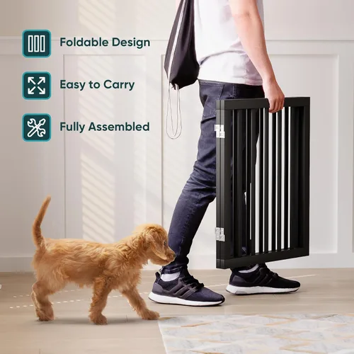 Vista 4 de Semiocthome Puertas de bambú para perros para interiores, puertas independientes de 2 paneles para cachorros para la casa con 2 soportes de metal
