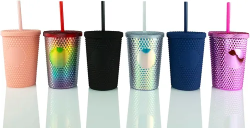 Vista 6 de Hogg Vaso Tachonado de 12 onzas con Tapa y Pajita - Negro, Vaso Reutilizable para Café Helado, Vaso Brillante para Mujeres, Taza de Diamantes