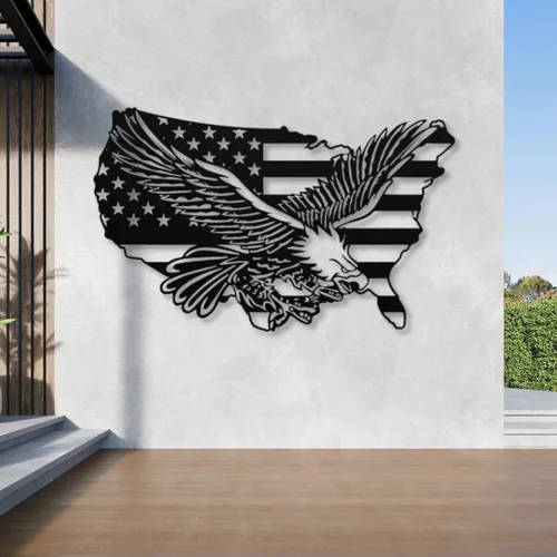 Vista 4 de Arte de pared de metal con águila de águila, arte de pared de metal con águila calva, decoración de pared de águila de metal de gran tamaño, bandera