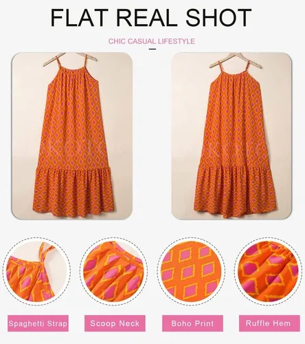 Vista 3 de Dokotoo Vestidos de verano para mujer 2024 con tirantes delgados, cuello redondo, fruncido y volantes, vestido largo bohemio