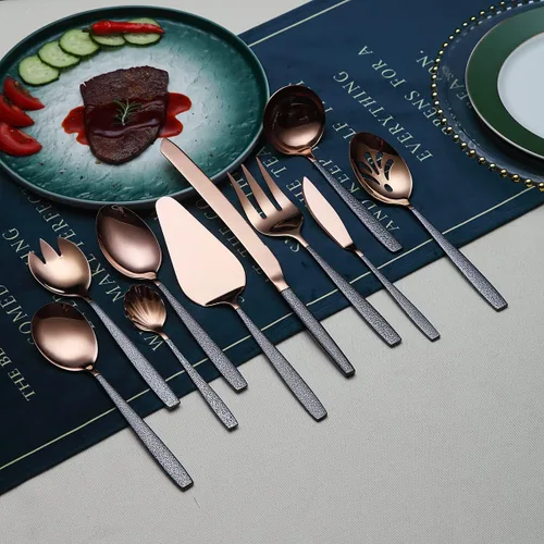Vista 3 de Juego de servir de metal con cabeza de cobre brillante, 10 piezas, incluye servidor para pasteles, cuchara y tenedor de ensalada, cucharón