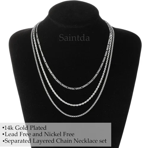 Vista 4 de 3Pcs Womens Layered Necklaces Stainless Steel Link Necklaces Set 14K Gold Plated Snake Curb Link Figaro Chain Choker for Women Girls