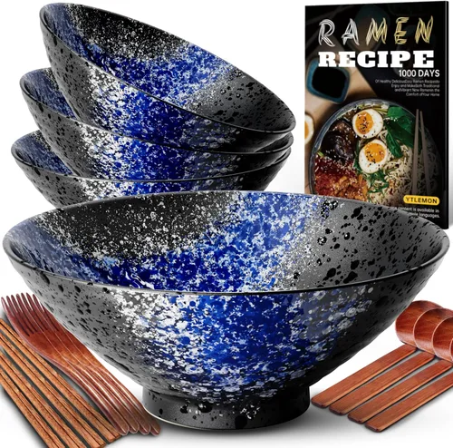 Vista 10 de Juego de 2 cuencos de cerámica para ramen de 8 pulgadas (9 piezas) – Tazones grandes de porcelana japonesa para ensalada, fideos, cereales, frutas
