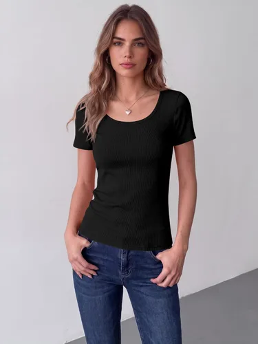 Vista 2 de Zeagoo Camiseta básica de manga corta para mujer, de punto acanalado 1-negro