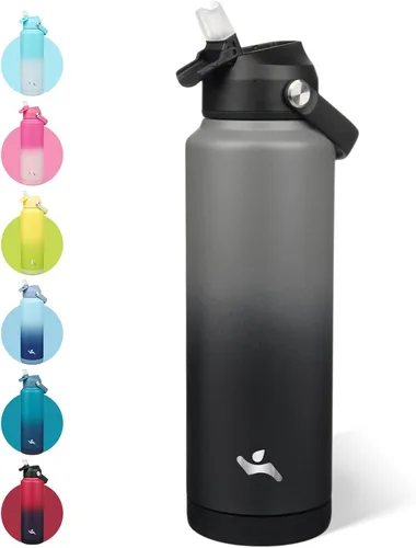 Vista 36 de Konokyo - Botella de agua deportiva aislada de acero inoxidable de 18 onzas con tapa con popote Black; BPA-free, leak-proof sports bottle with
