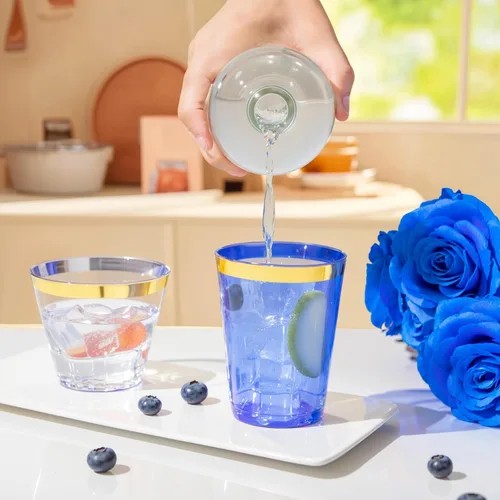 Vista 8 de Supernal 100 piezas de vasos de plástico azules, vasos desechables transparentes azules claros de 10 onzas con borde dorado, vasos de plástico