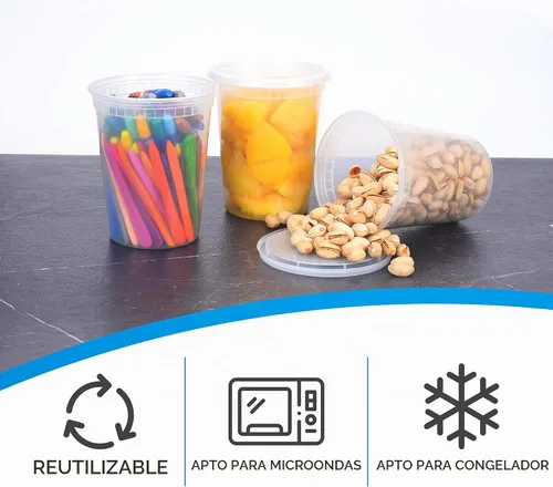 Vista 3 de EDI [32 onzas, 20 juegos] Contenedores de plástico deli para almacenamiento de alimentos con tapas herméticas Apto para microondas, congelador