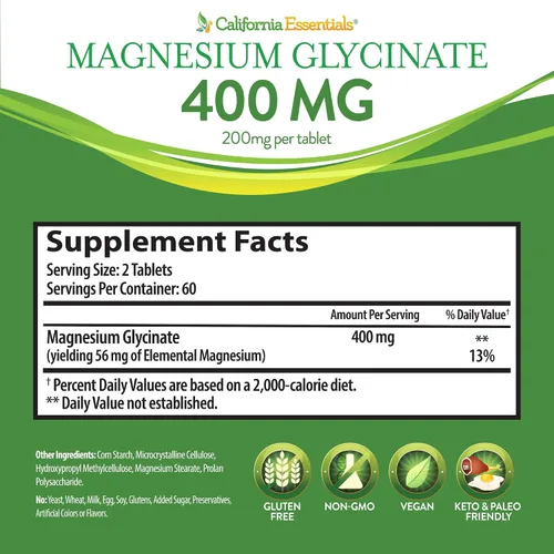 Vista 4 de Glicinato de magnesio 400 – Quelado, Magnesio de alta absorción para – Vegano, sin OMG, sin gluten 120 tabletas (60 porciones, tamaño de porción (2)