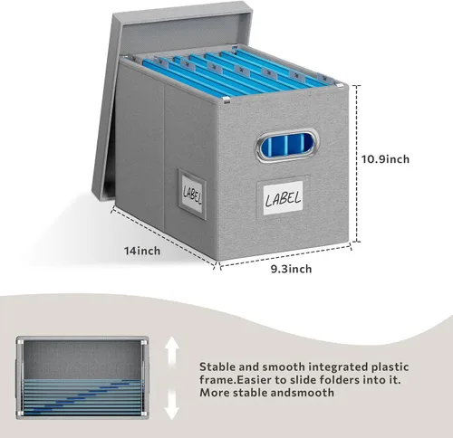 Vista 3 de Caja organizadora de archivos con tapa, juego de 2 cajas de archivos colgantes portátiles, cajas de almacenamiento plegables de lino decorativas