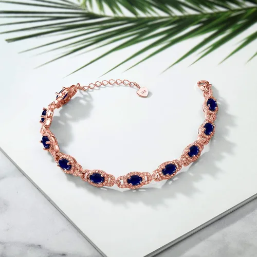 Vista 64 de Gem Stone King 18K Rose Gold Plated Silver Oval Gemstone Birthstone Tennis Bracelet For Women Oval 6X4MM 7 Inch With 1 Inch Extender Fine