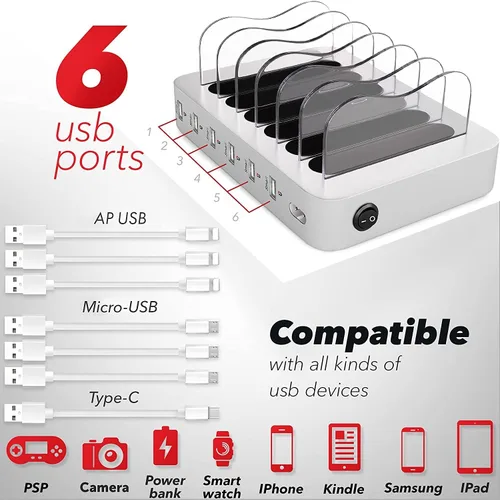 Vista 2 de Base de carga USB, estación de carga universal de 6 puertos para múltiples dispositivos, estación de carga para múltiples dispositivos, compatible
