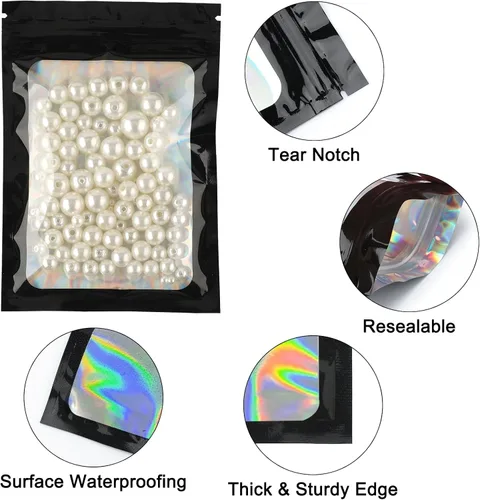 Vista 4 de joycraft 100 bolsas holográficas de tereftalato de polietileno, bolsas resellables a prueba de olores, bolsa para joyería, bolsa de papel