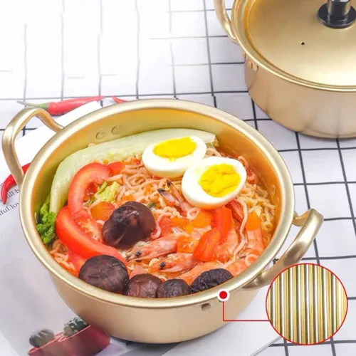 Vista 5 de Housoutil Olla ramen 1 juego de olla de ramen coreano con tapa, cuchara, palillos tradicionales de aluminio instantáneo Ramyun para el hogar