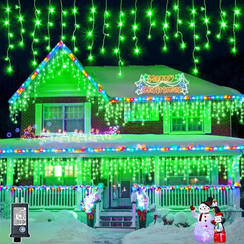 Vista 15 de Luces de Navidad de carámbano para exteriores, 66 pies, 640 luces LED de Navidad azules y blancas, 8 modos con 120 gotas, luz de carámbano