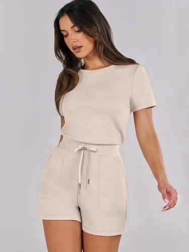 Vista 6 de ANRABESS Enterizo de verano para mujer, cuello redondo, casual, holgado, manga corta, de una pieza, con bolsillos