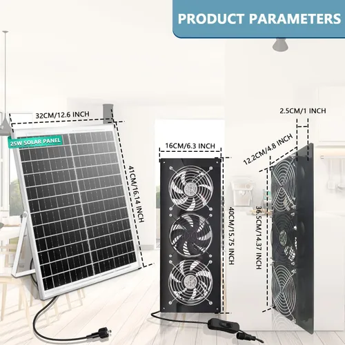 Vista 9 de Ventilador de escape solar, panel solar de 25 W con kit de 3 ventiladores de ventilación, ventilador alimentado por energía solar para cobertizo